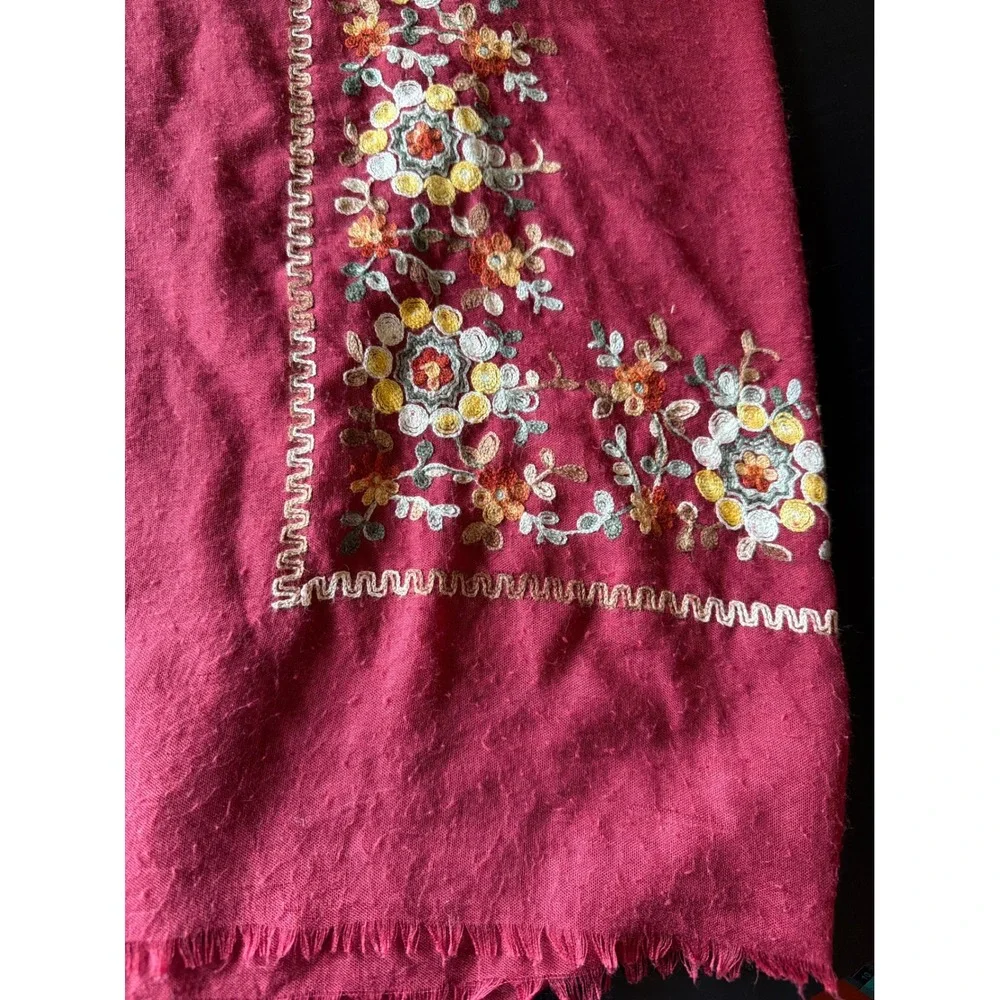 Unbranded Scarf Berry Red Floral Embroidered Eyelash Fringe Bohemian Wrap Shawl
